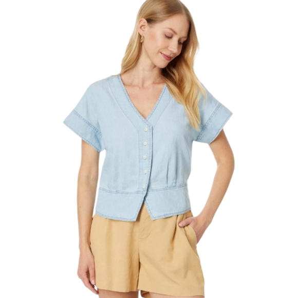 Madewell Blue Denim Pleated Short-Sleeve Top Size Small NWT - Picture 2 of 14